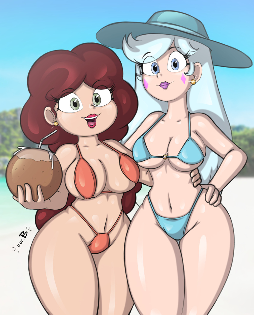 2girls angie_diaz beach belly_button big_breasts bikini bikini_top blue_bikini blue_eyes blue_hair breasts brown_hair coconut_drink curvy disney disney_channel doc.b earrings female green_eyes hat milf moon_butterfly mother orange_bikini star_vs_the_forces_of_evil stomach thick_thighs voluptuous wide_hips