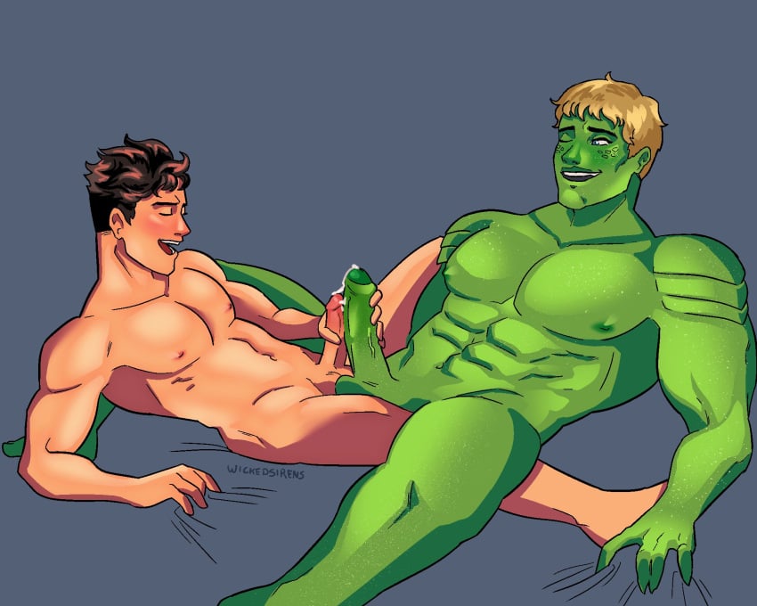 2boys abs balls_touching billy_kaplan blonde_hair canon_couple cum frottage gay green_body handjob hulkling hunk male_only marvel masturbation muscular_male nipples penis_size_difference penises_touching smiling teddy_altman wiccan wickedsirens yaoi young_avengers