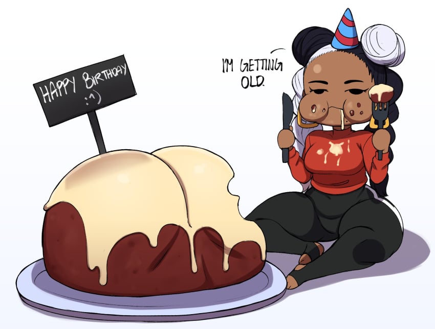 1girls artist_self-insert ass big_ass birthday birthday_cake blackwhiplash breast cake caked_up cum_in_mouth cum_on_ass cum_on_breasts cum_on_face cum_sauce eating eating_ass euphemism food_shaped_like_ass fork frosting huge_ass humor knife lezzy_(blackwhiplash) mob_face mouthful sfw sona_(blackwhiplash) tagme visual_pun