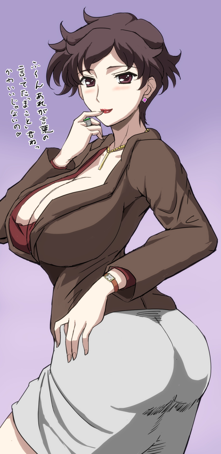 1girls ass big_ass big_breasts breasts brown_hair bubble_butt busty cleavage dat_ass female female_only finger_to_mouth hand_on_hip highres japanese_text katsura_manami large_breasts legs lipstick looking_at_viewer looking_back makeup mature mature_female mature_woman red_lips robota_(36041588) school_days sensual shiny_days short_hair sideboob skirt smile solo summer_days thick_thighs thighs translation_request voluptuous