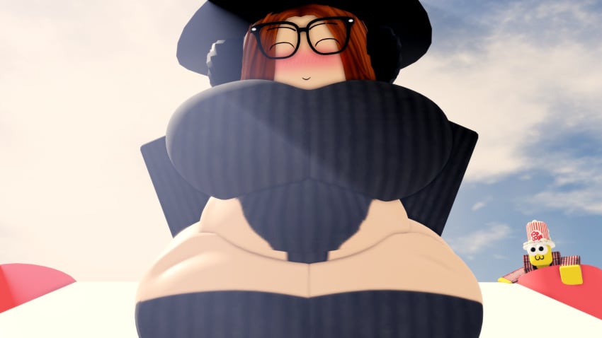 1girls 3d background_character bloody_battle blush breasts clothed devil_mariorr34 female female_focus ginger_hair glasses large_breasts looking_at_viewer nicorocks5555 owo pale-skinned_female popcorn roblox roblox_game robloxian smile striped_clothing tagme thick_thighs wide_hips yellow_skin