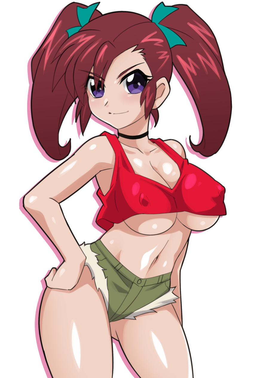 1girls bakusou_kyoudai_let's_and_go big_breasts breasts brown_hair busty cleavage closed_mouth confident covered_erect_nipples erect_nipples_under_clothes female female_only green_shorts hand_on_hip highres jewelry large_breasts looking_at_viewer midriff navel oogami_marina pendant pose posing purple_eyes sensual short_shorts shorts smile solo standing tank_top twintails underboob voluptuous