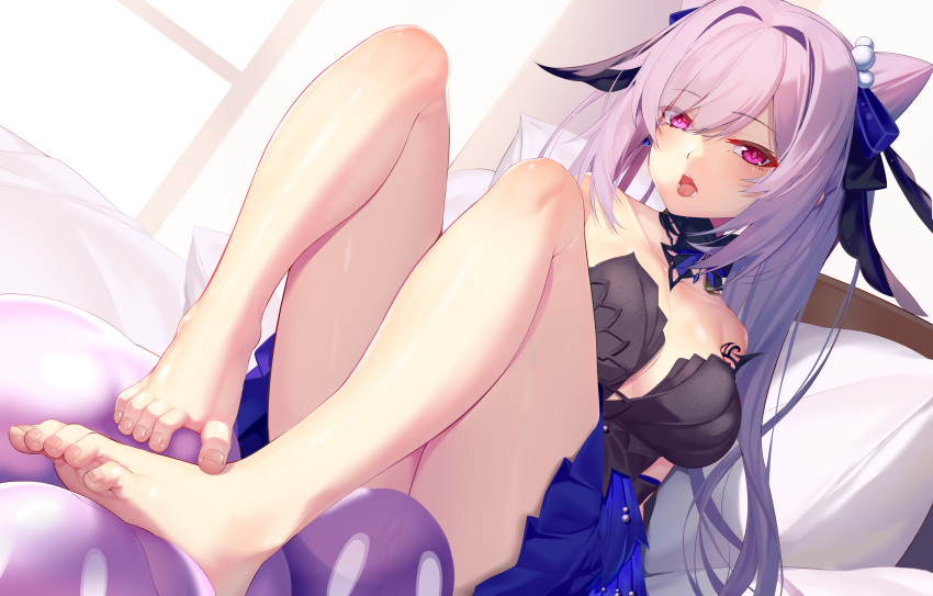 absurdres aoi_(buzhuen444) bare_legs bare_shoulders barefoot black_choker black_dress black_ribbon breasts choker cone_hair_bun double_bun dress dutch_angle electro_slime feet female frilled_dress frills genshin_impact hair_bun hair_intakes hair_ribbon highres indoors keqing_(genshin_impact) keqing_(opulent_splendor)_(genshin_impact) knees_up large_breasts legs long_hair looking_at_viewer no_panties official_alternate_costume on_bed open_mouth pearl_hair_ornament pillow purple_eyes purple_hair pussy ribbon see-through sitting slime_(genshin_impact) solo strapless strapless_dress thighs toes tongue tongue_out two-tone_dress