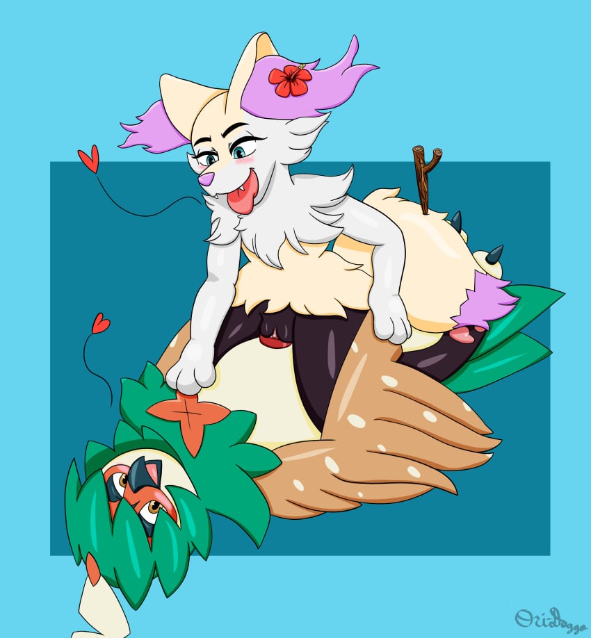 absurd_res anthro_on_anthro ass balls_deep blush braixen butt_grab cowgirl_position decidueye duo female feral flower from_front_position generation_6_pokemon generation_7_pokemon genitals hand_on_butt hi_res male male/female nintendo on_bottom on_top ori-doggo paws penetration penis plant pokémon_(species) pokemon pokemon_(species) sex stick tapering_penis tongue tongue_out