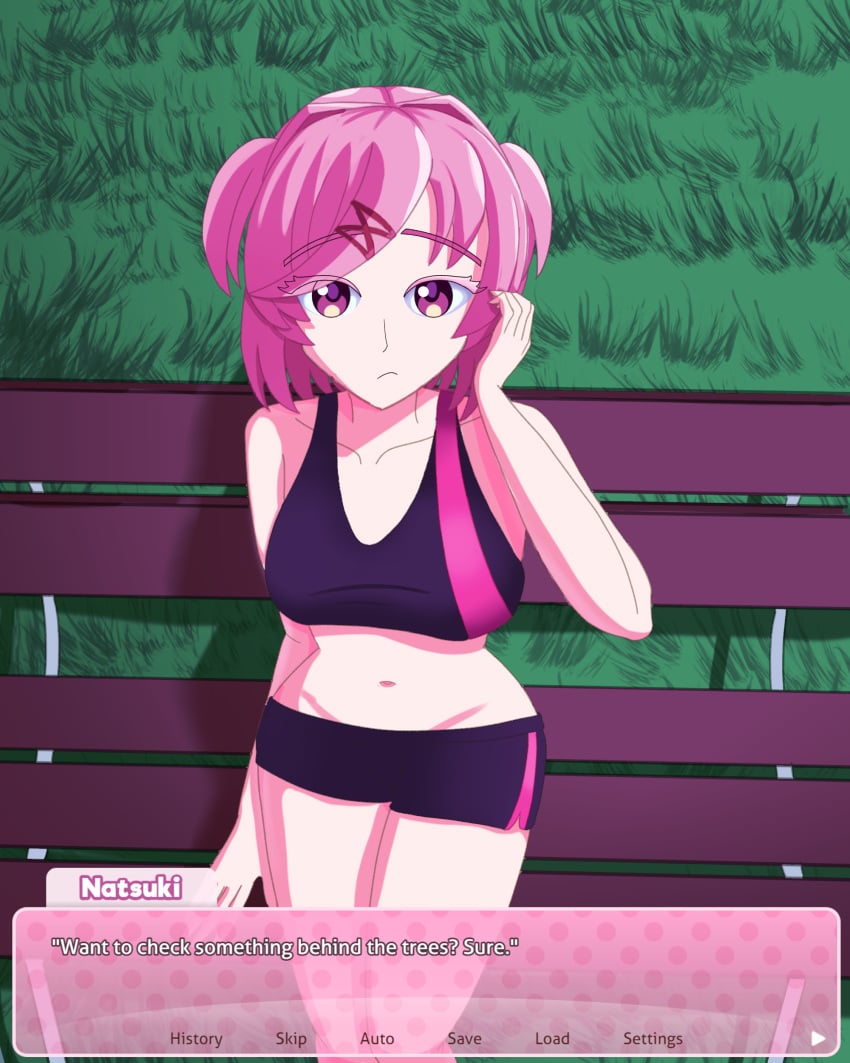 1girls bench closed_mouth comic comic_page ddlc_text_box doki_doki_literature_club english_text female_only moritaris natsuki_(doki_doki_literature_club) pink_eyes pink_hair pov pov_eye_contact solo solo_female sports_bra sportswear text