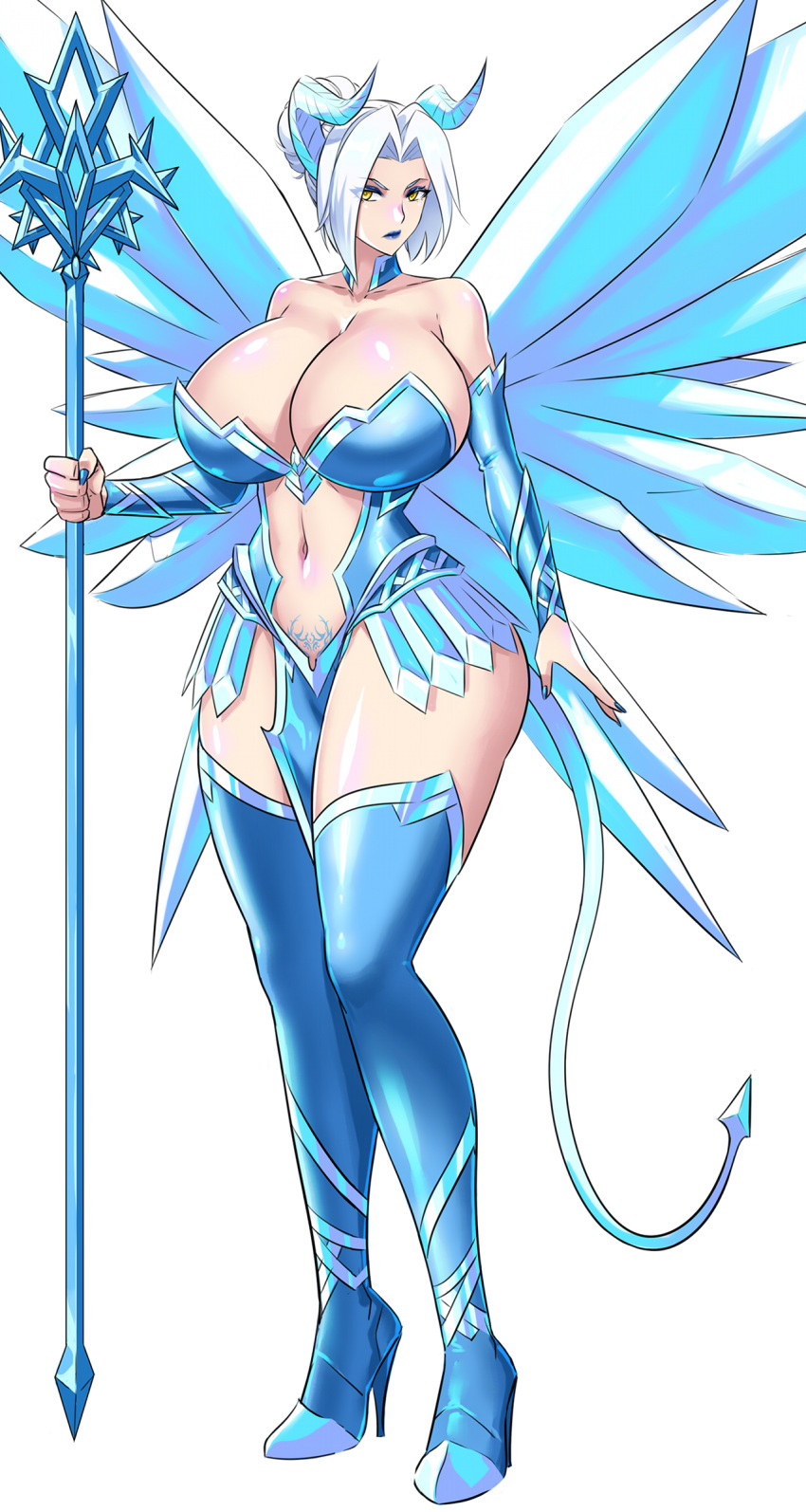 blue_armor blue_lipstick blue_thigh_socks blue_wings demon demon_girl demon_horns demon_tail demon_wings devil-v enormous_breasts game_cg holding_object holding_staff ice ice_horns ice_wings looking_at_viewer official_art painted_fingernails pubic_tattoo shiny_skin short_hair staff succubus succubus_covenant succubus_horns succubus_tail succubus_tattoo succubus_wings white_hair winter_flower_(succubus_covenant) yellow_eyes