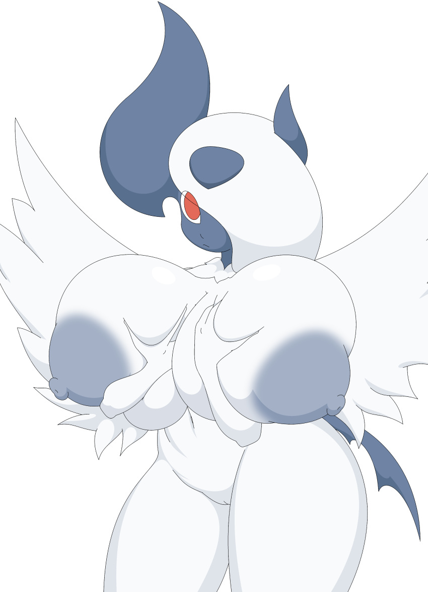 absol absurd_res anthro areola big_breasts blue_areola breasts female fur genitals hi_res holding_breast horn huge_breasts mega_absol mega_evolution nintendo nipples pokémon_(species) pokemon pokemon_(species) pussy red_eyes shmeepo solo video_games white_body white_fur wings