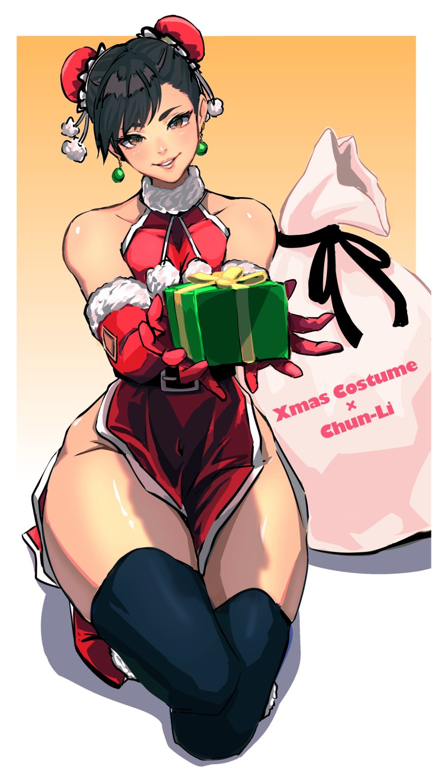 absurdres adapted_costume alternate_legwear ap_cammy belt black_belt black_hair black_thighhighs box brown_eyes bun_cover capcom china_dress chinese_clothes christmas chun-li commentary_request double_bun dress earrings elbow_gloves female full_body fur_trim gift gift_box gloves hair_bun halter_dress halterneck highres holding holding_gift jewelry kneeling long_dress looking_at_viewer no_panties one_knee pelvic_curtain red_dress red_footwear red_gloves revealing_clothes sack short_hair solo street_fighter thick_thighs thighhighs thighs