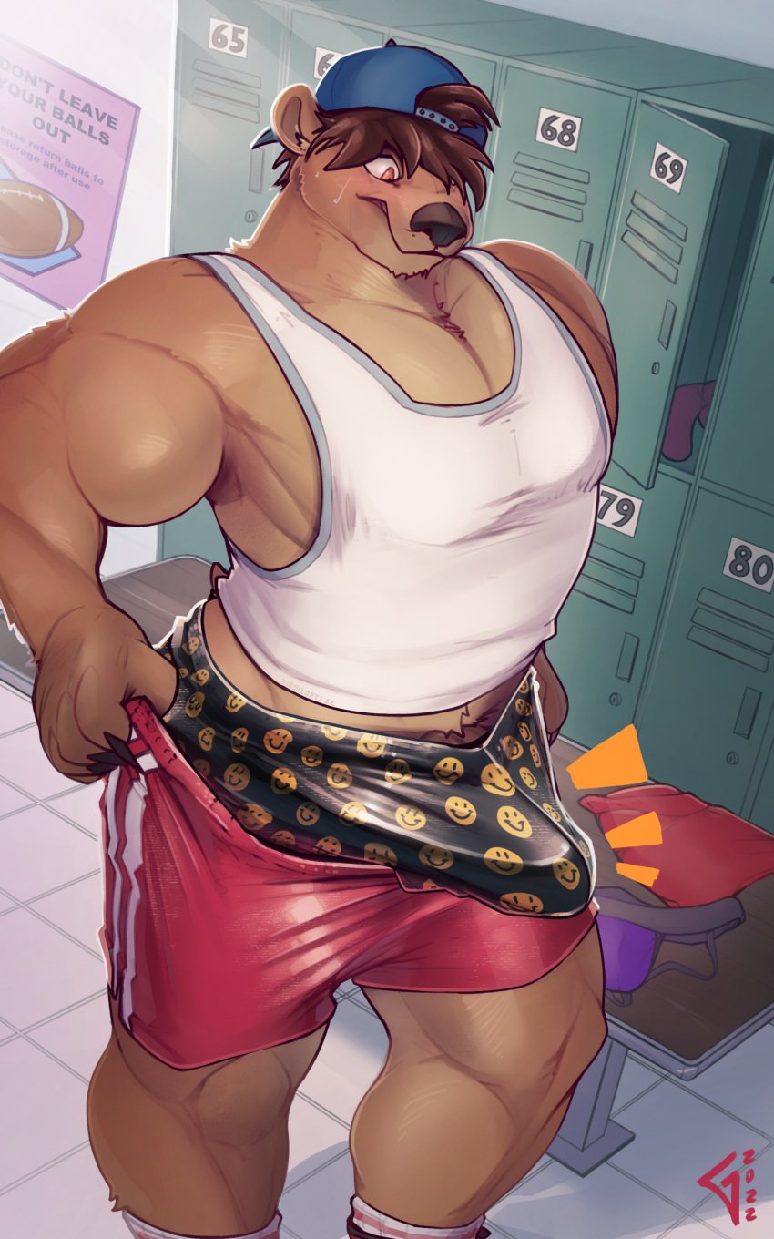 10:16 1boy absurd_res anthro backwards_baseball_cap backwards_hat balls barely_contained baseball_cap bear biceps big_balls big_penis bottomwear bottomwear_down boxers_(clothing) bradley_(dempsey) bradley_j._dakimakura brown_body brown_fur brown_hair clothed clothing erection fur genitals hair hat headgear headwear hi_res huge_cock humanoid_genitalia humanoid_penis locker_room male male_only mammal maxydont muscular muscular_anthro muscular_male pecs penis shirt solo tank_top topwear underwear