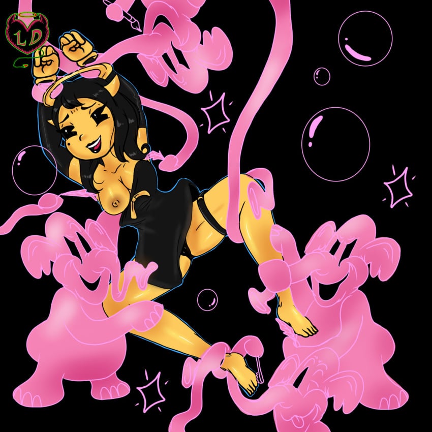 alice_angel angel bendy_and_the_ink_machine big_breasts black_hair black_lips black_lipstick clothed clothed_female drunk exposed_breasts halo horns lipstick long_hair open_mouth pink_elephants_on_parade tickling