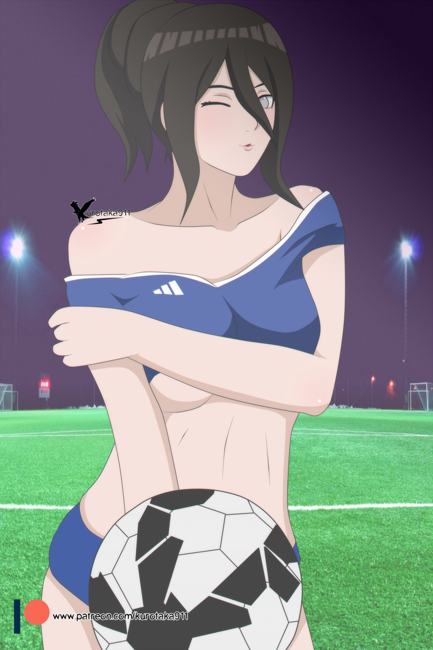 1girls agung911 ball bare_shoulders big_breasts bloomers blush boruto:_naruto_next_generations breasts brown_hair buruma busty cleavage crop_top dark_hair female holding_object hyuuga_hanabi lavender_eyes light-skinned_female light_eyes light_skin long_hair midriff naruto naruto_(series) off_shoulder one_eye_closed pinup revealing_clothes slim_waist soccer soccer_ball soccer_field soccer_uniform solo straight_hair strap_slip tied_hair underboob white_eyes wink world_cup