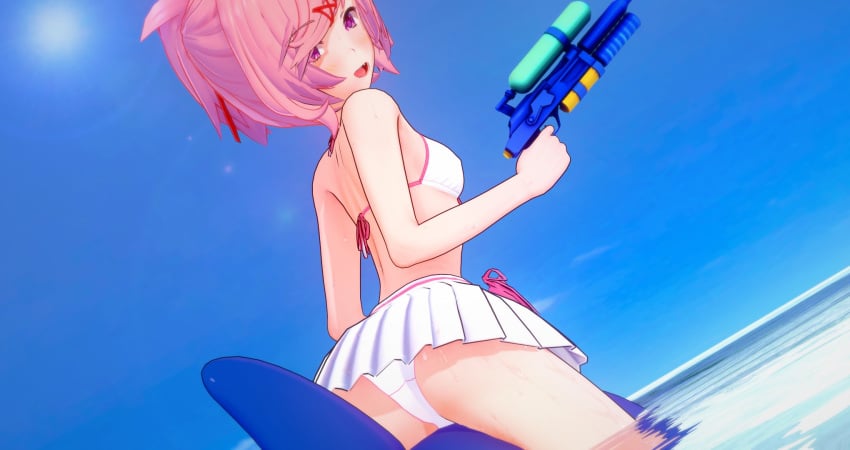 1girls ass bikini_skirt cometz doki_doki_literature_club female female_only koikatsu natsuki_(doki_doki_literature_club) pink_eyes pink_hair solo solo_female swimsuit water_gun