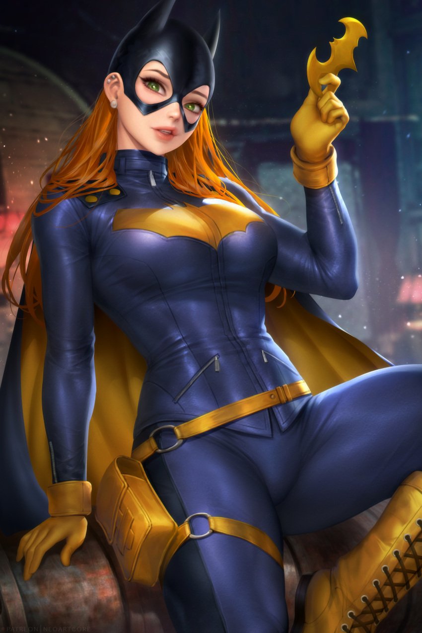 barbara_gordon batarang batgirl batman_(series) boots crotch dc dc_comics earrings gloves green_eyes large_breasts looking_at_viewer mask masked_female neoartcore nudtawut_thongmai red_hair sitting skin_tight slim_waist thick_thighs thigh_strap wide_hips