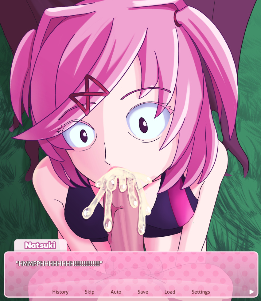 1boy 1girls blowjob comic comic_page cum cum_in_mouth cum_inside doki_doki_literature_club male_pov moritaris natsuki_(doki_doki_literature_club) pink_hair pov sports_bra sportswear