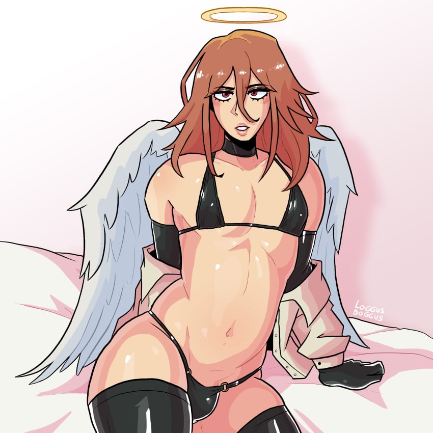 1boy 1femboy 2022 angel angel_devil_(chainsaw_man) bikini chainsaw_man crossdressing devil elbow_gloves femboy femboy_only gloves halo latex latex_bikini latex_clothing latex_gloves latex_stockings latex_thighhighs loggus_doggus long_hair male male_only messy_hair micro_bikini red_eyes red_hair simple_background sitting_on_bed solo undressing white_background wings