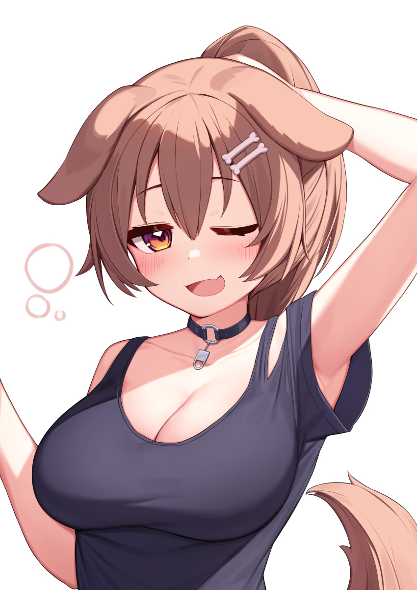 1girls armpits arms_up blush breasts brown_eyes brown_hair choker cleavage deaver dog_ears dog_girl dog_tail hair_ornament highres hololive hololive_gamers hololive_japan huge_breasts inugami_korone long_hair looking_at_viewer one_eye_closed simple_background upper_body virtual_youtuber white_background