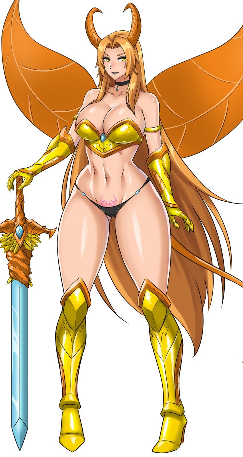 absurdly_long_hair big_breasts black_lipstick breasts cleavage collar demon demon_girl demon_horns demon_tail demon_wings devil-v female female_only game_cg golden_boots golden_gloves high_heels holding_object holding_sword leaf_wings looking_at_viewer official_art pubic_tattoo revealing_clothes seductive seductive_eyes seductive_look seductive_mouth seductive_pose seductive_smile shiny_skin skimpy_clothes slip succubus succubus_covenant succubus_horns succubus_tail succubus_tattoo succubus_wings summer_flower_(succubus_covenant) sword tall_female voluptuous voluptuous_female yellow_eyes