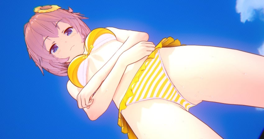 1girls bikini bikini_skirt blue_eyes cometz doki_doki_literature_club female female_only just_sayori koikatsu looking_at_viewer looking_down sayori_(doki_doki_literature_club) swimsuit upskirt yellow_bikini