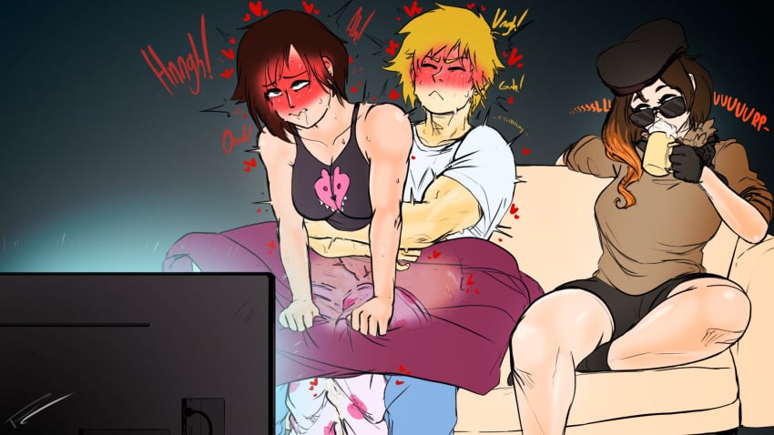 1boy 2girls being_watched caught clothed_female clothed_sex coco_adel cuckquean cum cum_in_pussy cum_inside fakeryway female jaune_arc light-skinned_female light-skinned_male light_skin looking_over_eyewear looking_over_glasses looking_over_sunglasses male multiple_girls pajamas penis pleasure_castle pussy ruby_rose rwby sex sitting_on_lap sitting_on_penis stealth_sex sunglasses tinted_eyewear