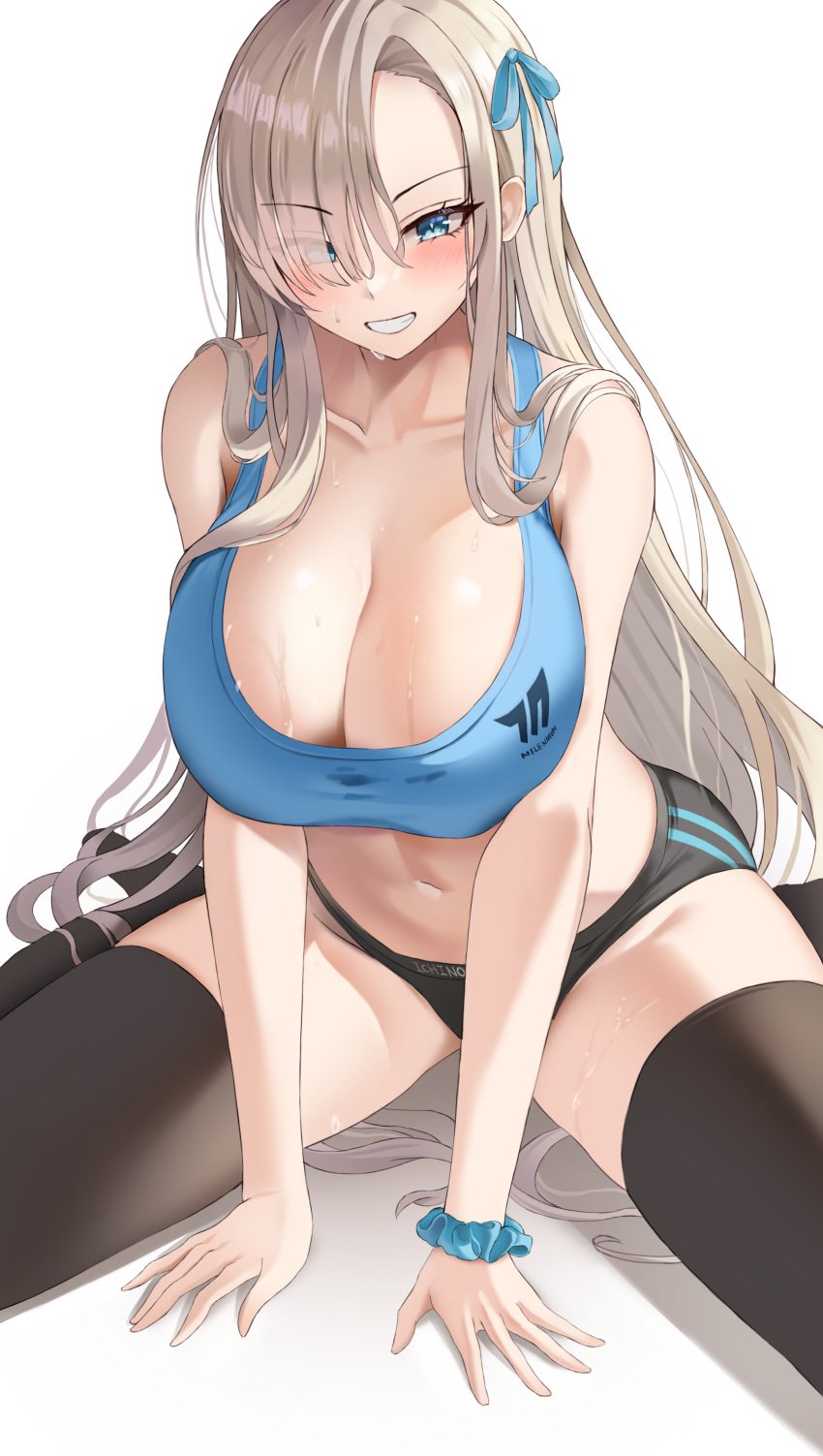 1girls asuna_(blue_archive) blonde_hair bloomers blue_archive blue_eyes breasts buruma female hair_over_one_eye huge_breasts kitin large_breasts light-skinned_female light_skin long_hair navel slim_waist smile sports_bra sportswear sweat sweaty_body thick_thighs thighhighs very_long_hair