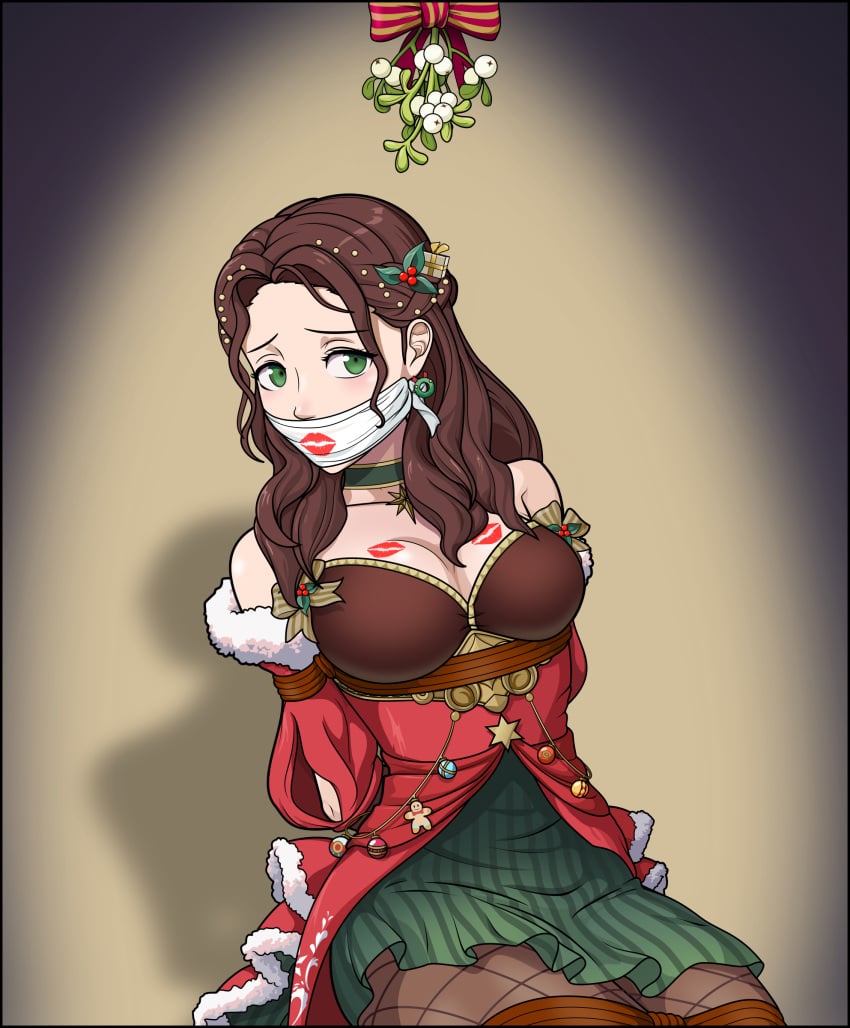 1girls alternate_costume alternate_hairstyle arms_behind_back bondage bound bound_wrists braid breasts brown_hair captured choker christmas christmas_outfit cleavage dorothea_arnault dorothea_arnault_(winter) dress female female_only femsub fire_emblem fire_emblem:_three_houses fire_emblem_heroes fire_emblem_warriors:_three_hopes fishnet_legwear fishnets gag green_eyes just_some_guy kidnapped kiss_mark kiss_mark_on_breast large_breasts lipstick lipstick_mark lipstick_on_breast long_hair mistletoe nintendo official_alternate_costume official_alternate_hairstyle one_eye_closed restrained solo story_at_source thick_thighs thighs