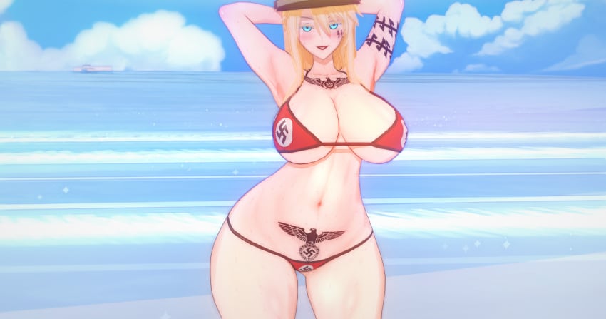 artoria_pendragon artoria_pendragon_(lancer) bikini bleachedartoria blonde_hair blue_eyes fate/grand_order fate_(series) koikatsu large_breasts nazi swastika tattoo thick_thighs wide_hips