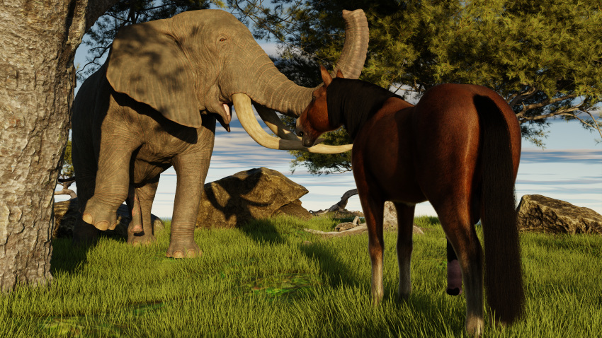 absurd_res blender_(software) elephant elephantid equid equine feral hi_res horse male male/male mammal nicobay_(artist) no_humans non-human outside presenting proboscidean solo teasing