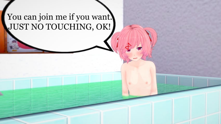 1girls bath bathroom bathtub doki_doki_literature_club english_text female female_only flat_chest inviting naked naked_female natsuki_(doki_doki_literature_club) nipples nude nude_female nudist nudity pink_eyes pink_hair quarantine69 request solo solo_female text text_bubble