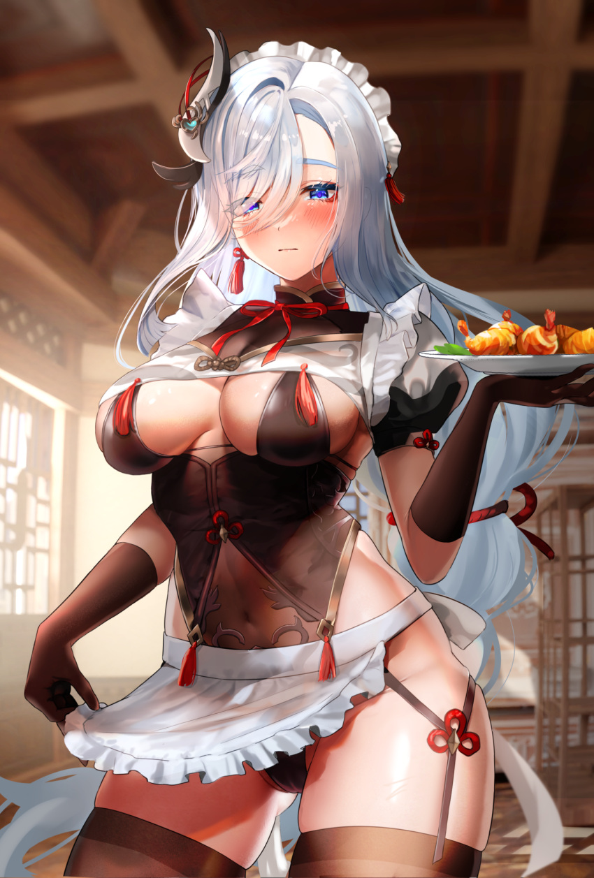 1girls big_breasts blue_eyes blush female female_only food genshin_impact gloves hair_ornament hair_over_one_eye indoors large_breasts leotard long_hair looking_at_viewer maid shenhe_(genshin_impact) solo solo_female thick thighhighs voluptuous waitress white_hair yavalley