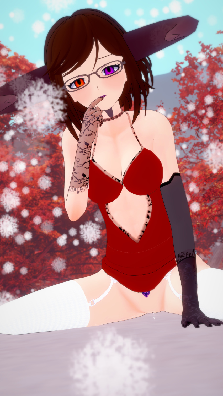 biting_finger blush brown_hair brown_hair christmas christmas_outfit demon demon_girl demon_horns exposed_pussy glasses gloves heterochromia madame_doom madame_doom(artist) orange_eyes outdoors outside purple_eyes purple_lipstick snow