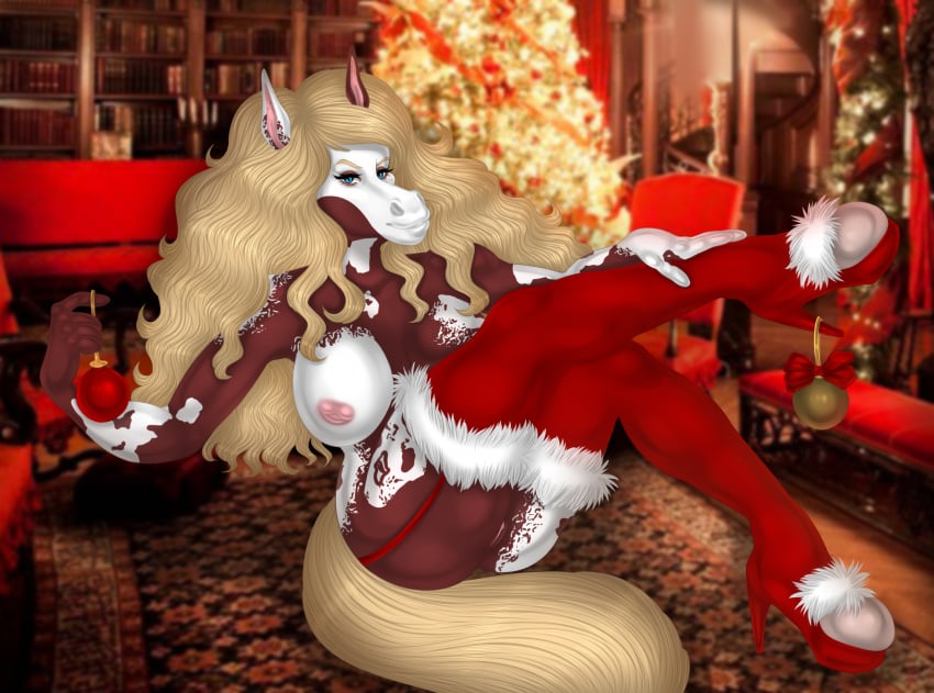 2022 5_fingers anthro areola blonde_hair blue_eyes boots breasts brown_body brown_fur christmas christmas_clothing christmas_decorations christmas_tree clothed clothing clover_the_mare equid equine female fingers footwear fur genitals hair hi_res high_heels holidays hooves horse legwear long_hair looking_at_viewer mammal multicolored_body natttttalina nipples partially_clothed pink_areola pink_nipples plant pussy raised_leg shaded sitting smile smiling_at_viewer solo spots spotted_body spotted_fur stockings tree two_tone_body white_body white_fur