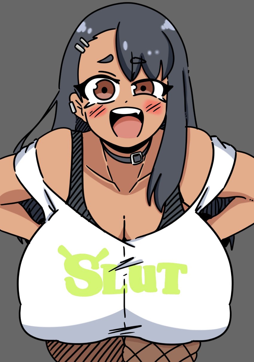 1girls alternate_breast_size big_breasts breasts breasts_bigger_than_head clothed clothing collar color english_text female female_only gigantic_breasts gray_background grey_background hairpin hayase_nagatoro huge_breasts inakotho looking_at_viewer please_don't_bully_me,_nagatoro shirt shrek_(series) solo solo_female text white_shirt