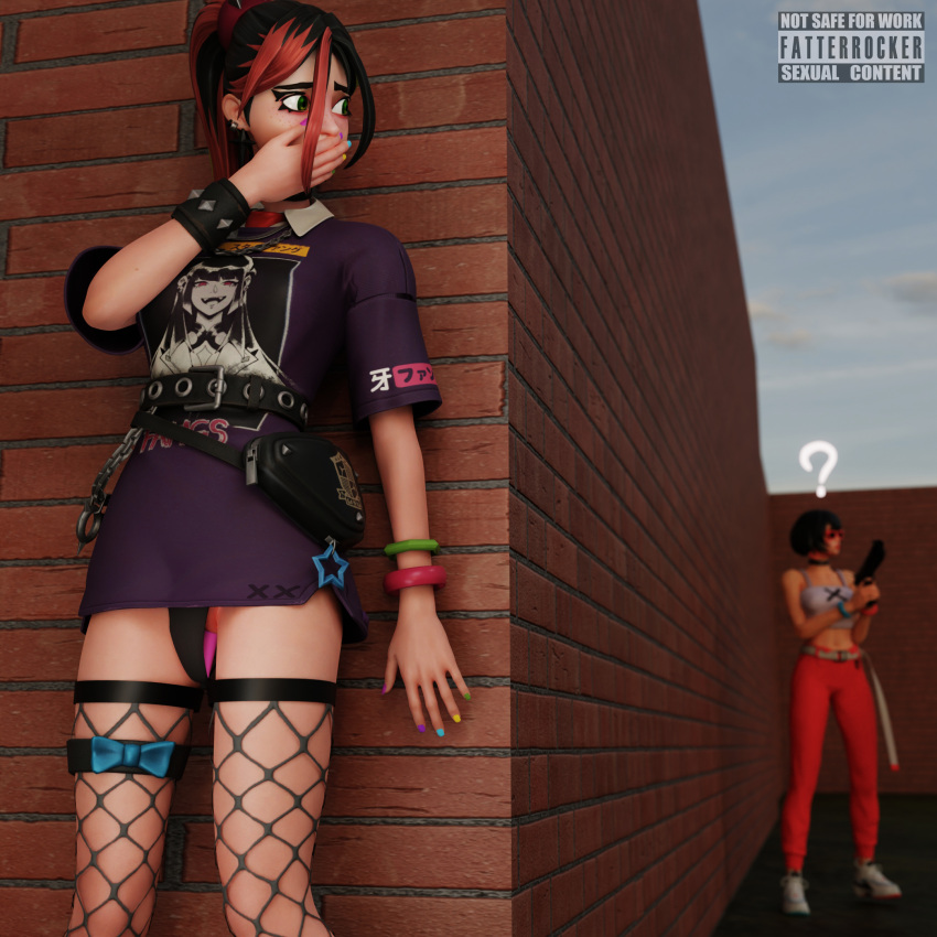 1girls 3d black_hair black_panties dildo dildo_in_pussy evie_(fortnite) exhibitionism fatterrocker female female_masturbation fishnet_stockings fishnets fortnite fortnite:_battle_royale green_eyes helsie_(fortnite) masturbation sex_toy two_tone_hair white_body white_skin