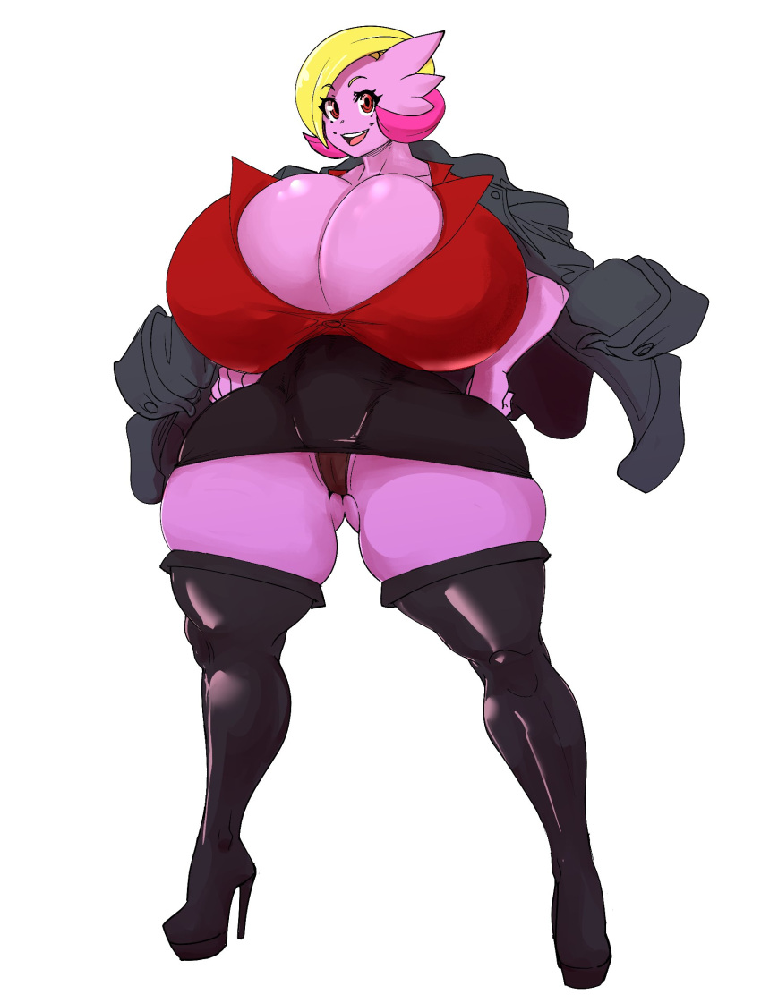 bewbchan big_breasts breasts breasts_bigger_than_head cameltoe clothing curvy_figure female female_only gabby_(character) gabby_(docbats) gardevoir hi_res high_heels huge_breasts humanoid jacket large_breasts looking_at_viewer massive_breasts nintendo panties pink_hair pink_skin pokemon pokemon_(species) pokemon_rse shirt simple_background simple_shading skirt smile thick_thighs thighhighs thighs voluptuous white_background yellow_hair