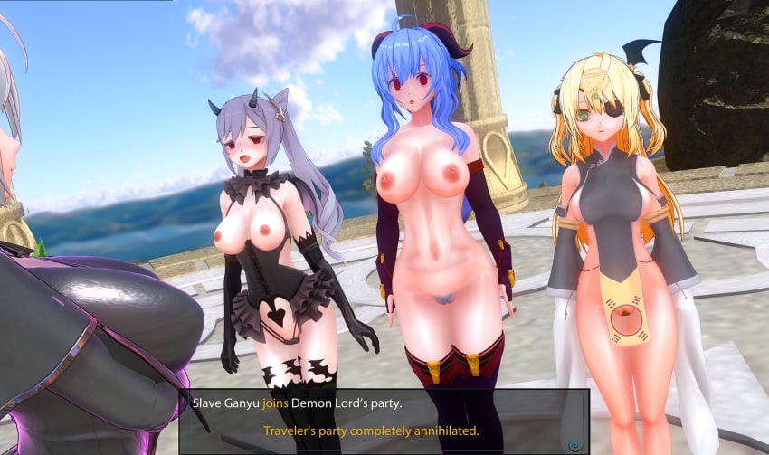 3d 4girls abs arms_at_sides battle black_clothing black_gloves blonde_hair blue_hair blue_pubic_hair bottomless bottomless_loincloth breastless_clothes breastless_corset breasts breasts_out breasts_outside china_dress clothing_cutout combat corruption crotch_cutout crotchless cutout detached_collar detached_sleeves dominant_female domination drooling empty_eyes eye_patch eyes_half_open female female_focus female_only femdom fight fighting fischl_(genshin_impact) fit_female functionally_nude functionally_nude_female ganyu_(genshin_impact) genshin_impact green_eyes group hairy_pussy happy_trance horns humiliation hypnosis keqing_(genshin_impact) large_breasts long_hair magic master/slave miniskirt multiple_girls multiple_subs multiple_subs_one_dom nipples no_bra no_panties on_display open_mouth opera_gloves outdoors outside pelvic_curtain pink_eyes ponytail presenting presenting_self pubic_hair purple_hair pussy_cutout red_eyes revealing_clothes rpg sequence_parts sequence_parts_continuation side_slit sideboob slave slave_outfit slavegirl smiling standing standing_at_attention stockings submissive_female succubus succubus_horns switching_sides text text_box topless topless_female transformation twintails utter_domination voldar