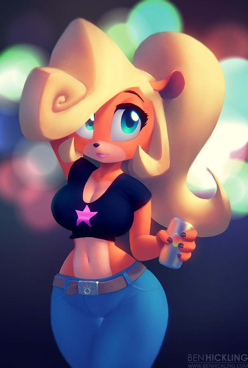 1girls anthro anthro_only big_breasts black_shirt blonde_hair busty child_bearing_hips cleavage coco_bandicoot crash_(series) female female_only flat_belly jeans large_breasts legs midriff navel nitro pants pink_lipstick ponytail sensual smile solo thick_thighs thighs voluptuous wide_hips