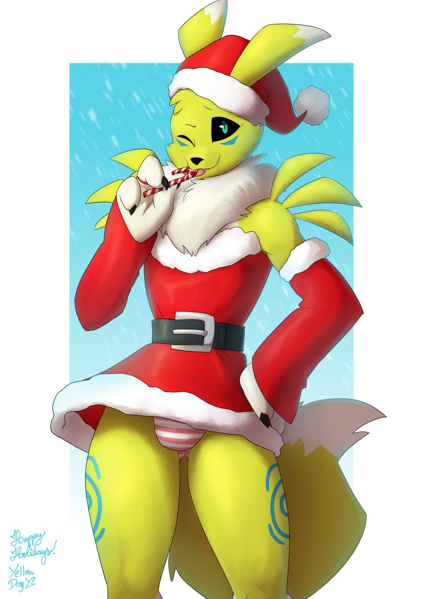 2022 3_fingers absurd_res anthro artbyyellowdog bandai_namco biped black_sclera border bottomwear candy candy_cane christmas christmas_clothing christmas_headwear clothing dessert digimon digimon_(species) digital_media_(artwork) fingers food fur girly green_eyes hat headgear headwear hi_res holidays koda_the_renamon looking_at_viewer male neck_tuft one_eye_closed panties pattern_bottomwear pattern_clothing pattern_panties pattern_underwear renamon santa_hat solo striped_bottomwear striped_clothing striped_panties striped_underwear stripes tuft underwear white_body white_border white_fur wink winking_at_viewer yellow_body yellow_fur