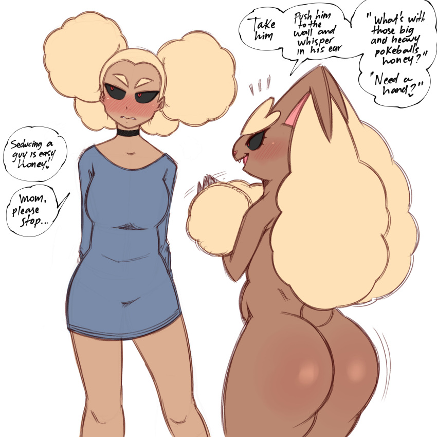 2girls anthro ass big_ass black_sclera blonde_hair blush brown_body brown_skin dialogue english_text female female_pokemon floppy_ears furry gijinka halfbreed humanoid humor hybrid lagomorph lagomorph_humanoid large_ass long_ears long_hair lopunny milf mother mother_and_daughter nintendo pokémon_(species) pokemon pokemon_(species) pokemorph rabbit_ears red_eyes saltyxodium tagme twin_buns