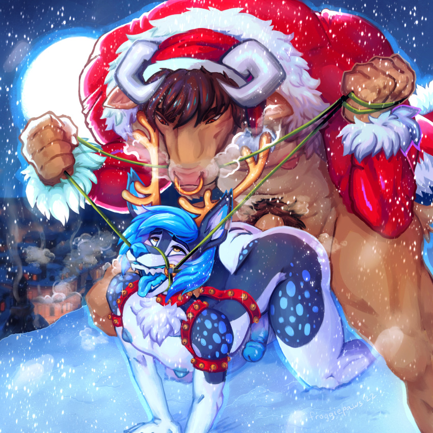 1femboy 2boys absurd_res ahe_gao anal anal_sex anthro antlers bell blue_hair blush bondage bound bovid bovid_horn bovine bovine_horn breath bull_horn capreoline cattle cervine christmas christmas_clothing christmas_headwear clothed clothing coat costume cow_horn deer digital_media_(artwork) duo erection femboy fluffy_chest froggiepaws fur genitals hair hat headgear headwear hi_res holidays horn krys_(thatbullkrysk) looking_pleasured male male/male male_penetrated male_penetrating male_penetrating_male mammal moon muscular muscular_anthro muscular_male night nipples nude open_mouth partially_clothed pecs penetration penis pubes reindeer reins santa_costume santa_hat sex size_difference smile smoke snow thick_boy thick_femboy thick_thighs topwear