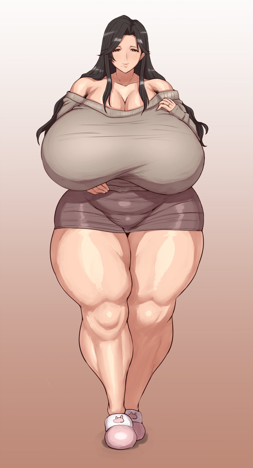 1girls armpit_hair armpits black_hair brown_eyes calves exposed_shoulders exposed_thighs full_body fully_clothed gigantic_breasts mature_female milf mother original original_character ponkotsuu shiny_skin slippers thick_legs thick_thighs venus_body