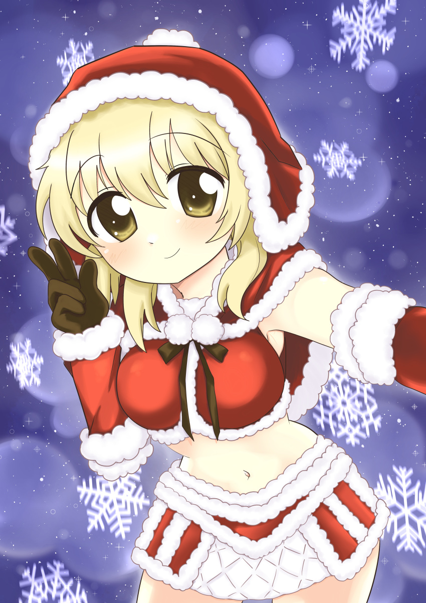 blonde_hair christmas dard_drak female gloves hidamari_sketch long_hair looking_at_viewer miyako_(hidamari_sketch) selfie skirt smile solo