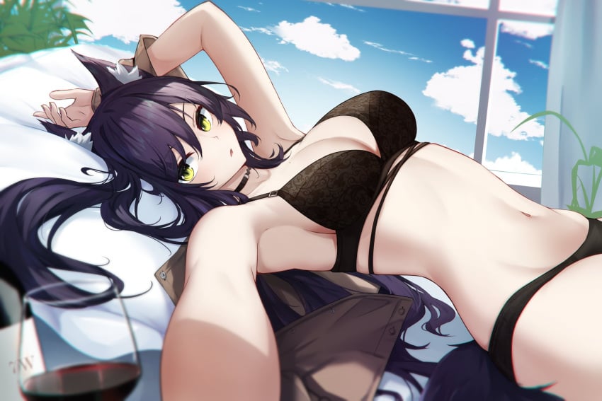 1girls animal_ears armpits belly_button black_bra black_panties bra female female_only fluids green_eyes indoors kemonomimi light-skinned_female light_skin looking_at_viewer meridian_project panties seki_(vtuber) solo tokyo1421 underwear virtual_youtuber wine wine_glass wolf_ears wolf_girl wolf_tail