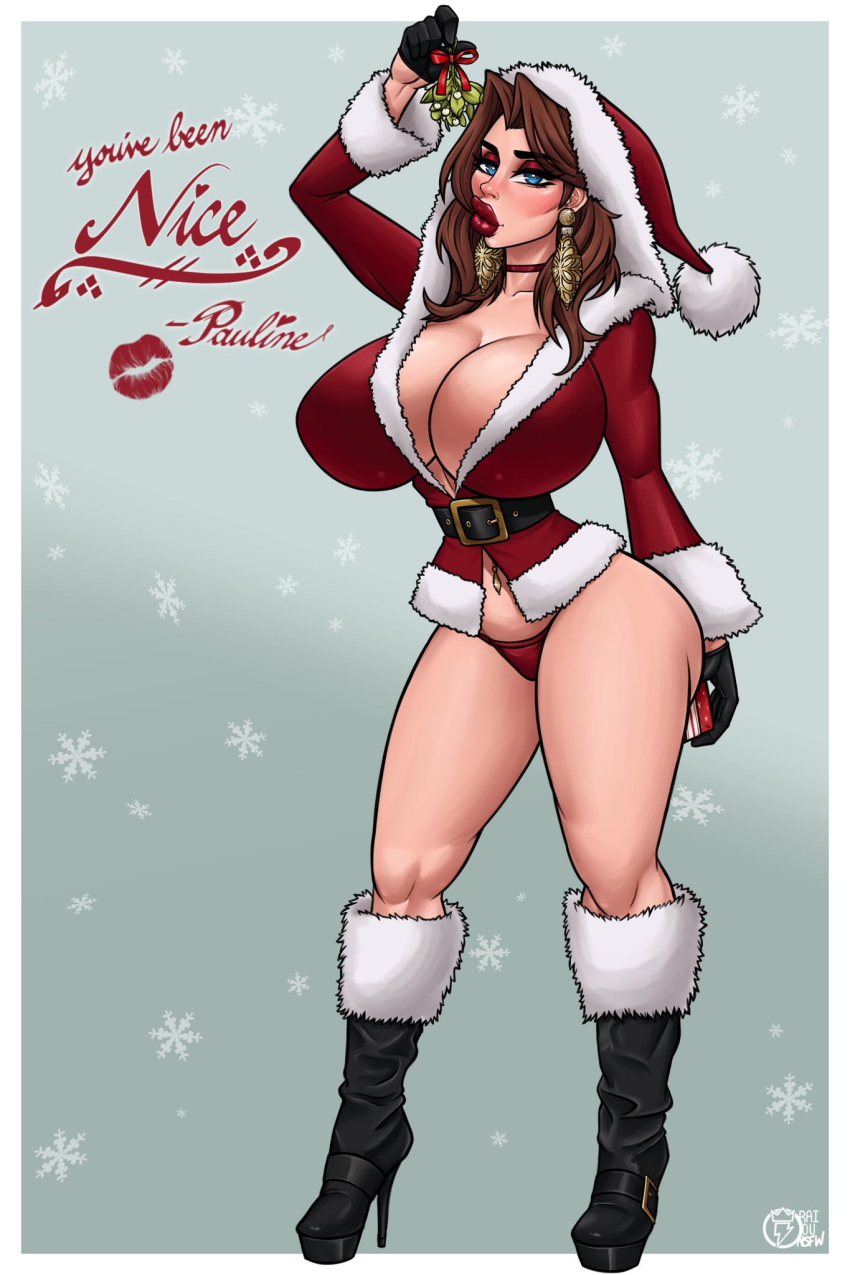 1girls belly_piercing big_ass big_breasts bimbo blue_eyes blush boots brown_hair christmas christmas_outfit cleavage cleavage_overflow curvy female female_only full_body full_lips holding_mistletoe holidays hourglass_figure huge_breasts lips lipstick long_hair looking_at_viewer lustful_gaze makeup mario_(series) massive_breasts mature_female milf mistletoe nintendo no_pants panties pauline pinup puckered_lips raiounsfw red_lipstick red_panties santa_costume santa_hat simple_background solo standing thick_ass thick_thighs thin_waist voluptuous white_background wide_hips