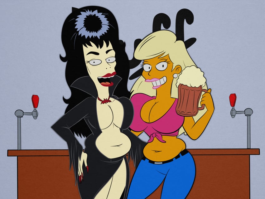 2girls beer beer_mug belly blonde_hair booberella breasts breasts_squish breasts_to_breasts chubby cleavage duff_beer female female_only huge_breasts large_breasts lipstick looking_at_viewer scobionicle99 smile the_simpsons titania_(the_simpsons)