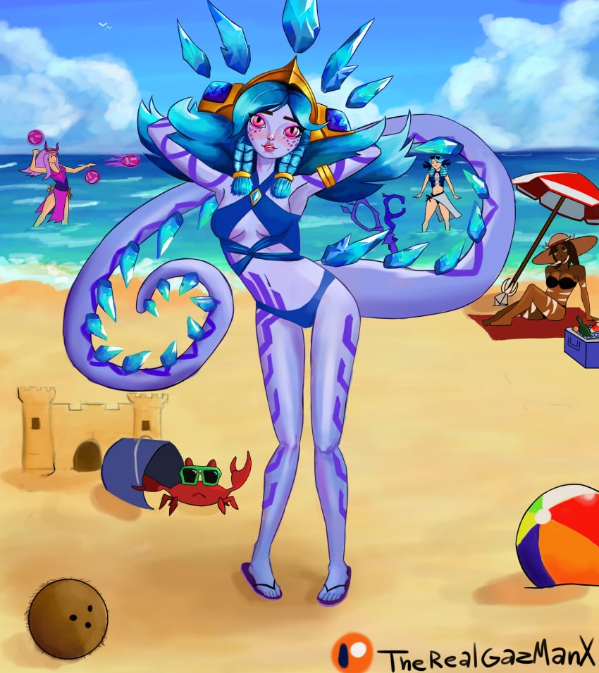 beach bikini blue_body blue_skin color digital_art digital_drawing_(artwork) digital_media_(artwork) digital_painting_(artwork) gwen_(league_of_legends) league_of_legends neeko nidalee no_nude pool_party_series pool_party_syndra snowdown_series syndra therealgazmanx winter_wonder_neeko winter_wonderland_series