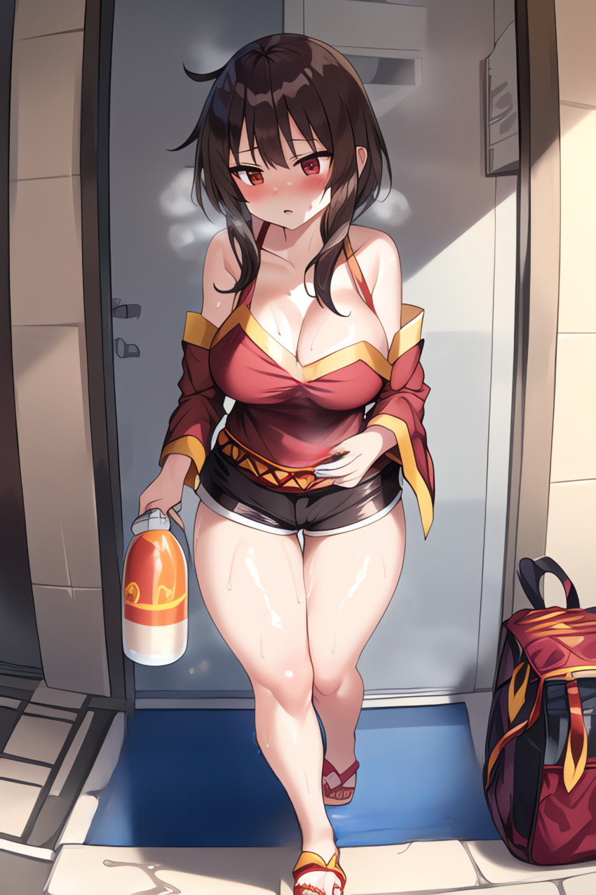 1girls ai_generated alternate_breast_size big_breasts black_hair blush clevage enlarged_breasts girls_only kono_subarashii_sekai_ni_shukufuku_wo! megumin red_eyes sandals shiny_skin short_shorts solo solo_female sweat sweating sweaty_body tagme thick_thighs