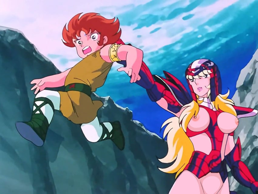 1boy 1girls 80s armor big_breasts blonde_female breasts breasts_out brown_hair edit female kiki_(saint_seiya) large_hair long_hair mariners mermaid_thetis nipples nude_filter ponchocop saint_seiya screencap short_hair shounen_jump vagina