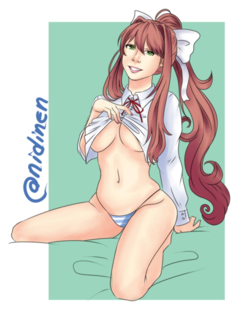 1girls breasts cumshakequeen doki_doki_literature_club female female_only green_eyes long_hair monika_(doki_doki_literature_club) navel panties solo strawkake