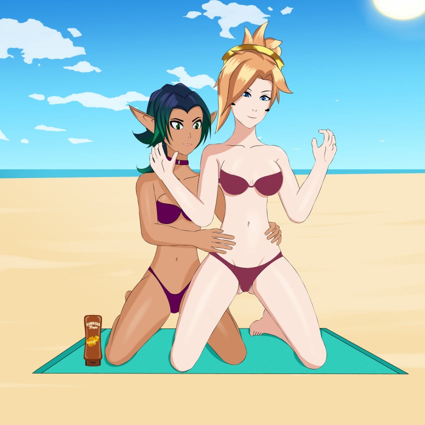 2girls anoneysnufftan applying_sunscreen beach bikini blonde_hair blue_eyes crossover edasbild elf_ears embarrassed female female_only green_hair hawaiian_tropic headgear humiliation imminent_death jak_and_daxter keira_hagai killer_lotion kneeling lotion_bottle massage mercy murder ocean outdoors outside overwatch peril rubbing sand seaside sky snuff summer sunbathing swimsuit towel