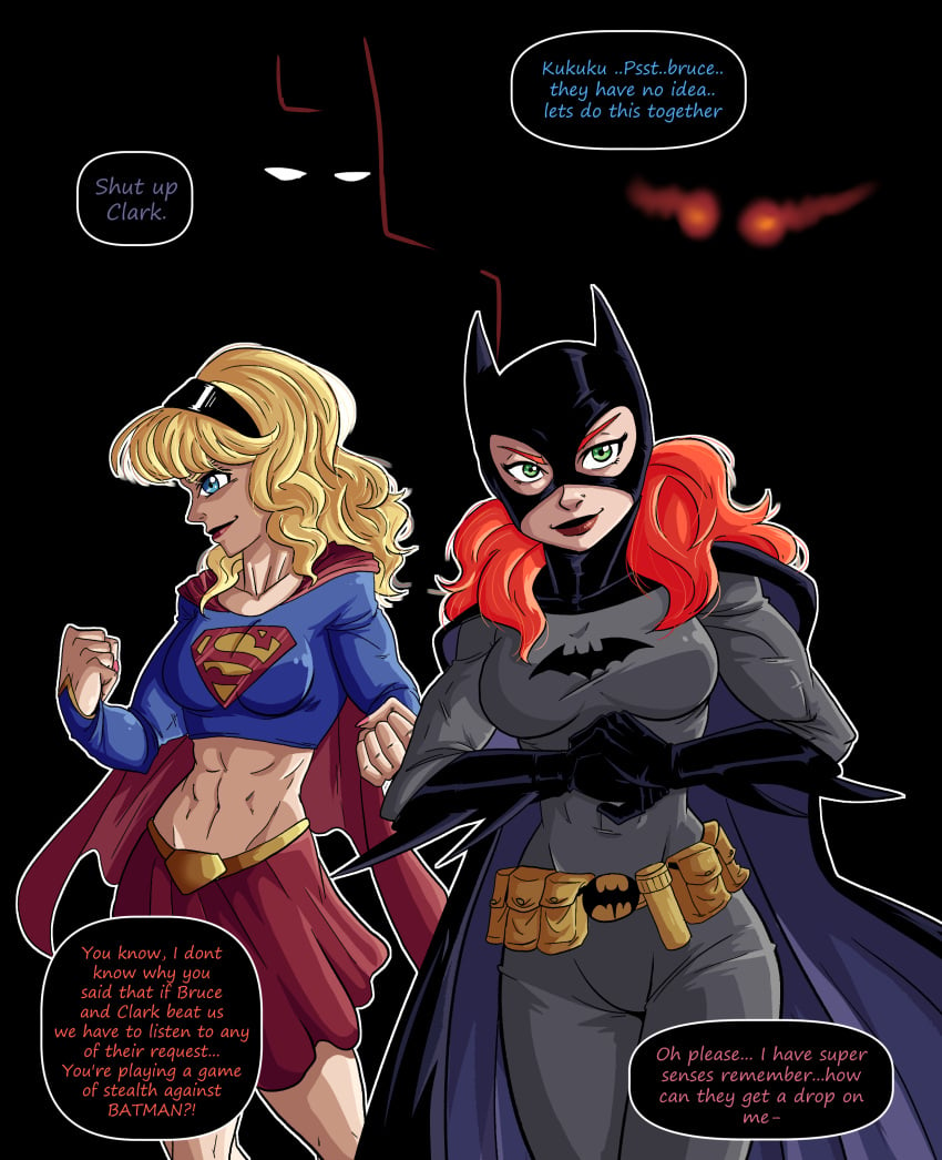 barbara_gordon batgirl batman batman_(series) being_watched blonde blonde_female blonde_hair bruce_wayne clark_kent confident curvy dc dc_comics female kara_danvers kara_zor-el kryptonian oblivious red_hair red_hair_female redhead supergirl superhero superheroine superman wacum